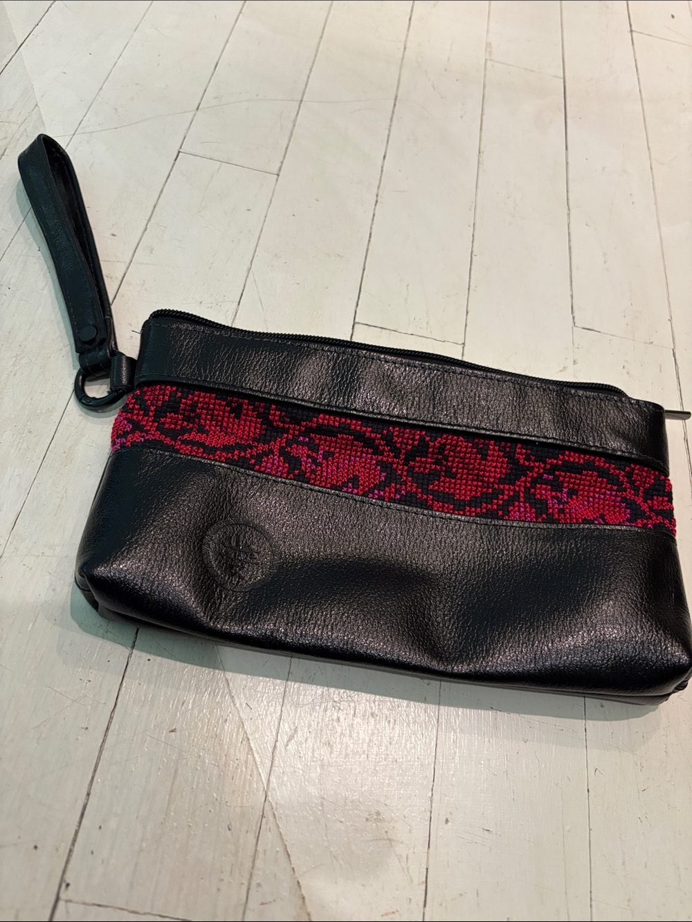 Black Leather Wristlet Clutch with Red Embroidered Accent